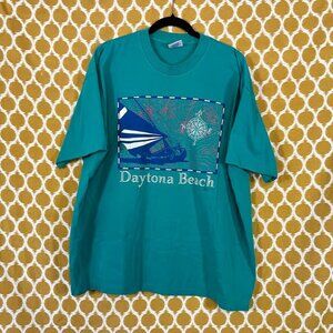 Vintage 90s Single Stitch Daytona Beach Map Turquoise Tee T-shirt Made In USA XL